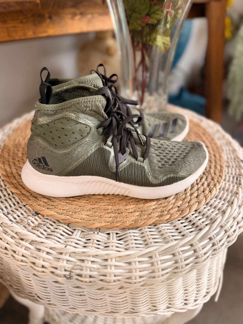adidas Women’s Olive Green Knit High-Top Sneakers with Black Accents